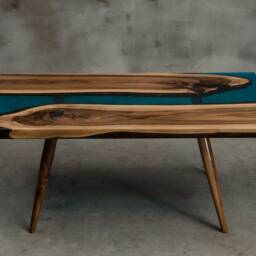 Custom Epoxy Resin Table Made Of Walnut Wood, Blue Uv Unique Small River Table, Live Edge With Wooden Legs To Modern Living Room - thumbnail 3