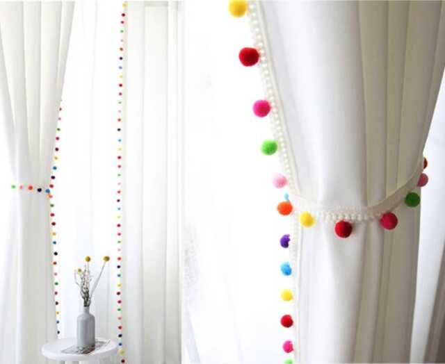 Whimsical Rainbow Pom Curtains White Semi-Blackout Window Panels With Colorful Trim Nursery Kids Room Boho Home Decor Custom Available - image 1