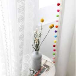Whimsical Rainbow Pom Curtains White Semi-Blackout Window Panels With Colorful Trim Nursery Kids Room Boho Home Decor Custom Available - thumbnail 3