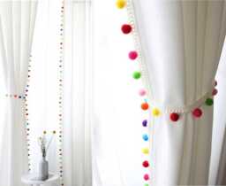 Whimsical Rainbow Pom Curtains White Semi-Blackout Window Panels With Colorful Trim Nursery Kids Room Boho Home Decor Custom Available