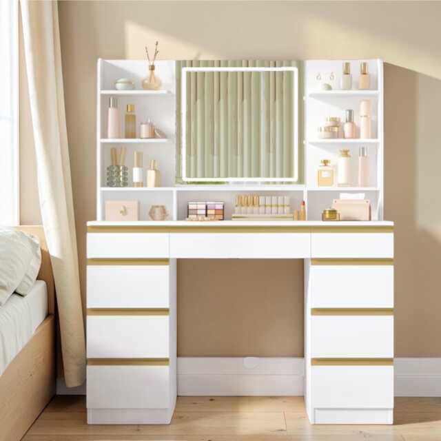 Dressing Table Led Mirror White Vanity 9 Drawers, Open Shelves & Adjustable Lighting - image 1