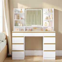 Dressing Table Led Mirror White Vanity 9 Drawers, Open Shelves & Adjustable Lighting