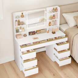 Dressing Table Led Mirror White Vanity 9 Drawers, Open Shelves & Adjustable Lighting - thumbnail 3