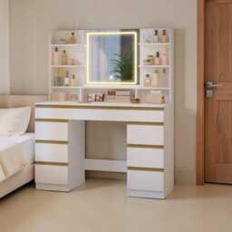Dressing Table Led Mirror White Vanity 9 Drawers, Open Shelves & Adjustable Lighting - thumbnail 2