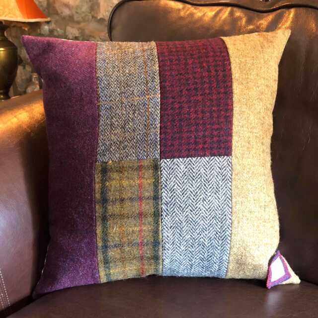 Harris Tweed Patchwork Handmade Cushion Cover. 18 X Inches. Scottish Pure Wool Tweed. William Morris Strawberry Thief - image 1