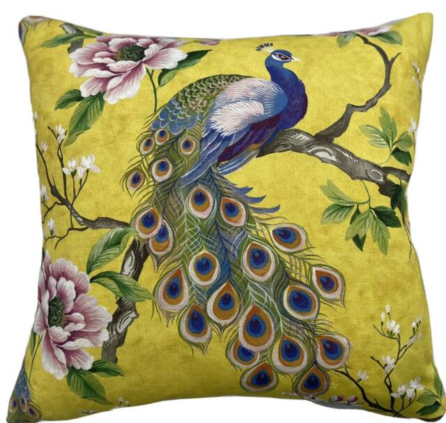 Peacock Cushion Cover Floral Botanical Print, Chartreuse Yellow - image 1