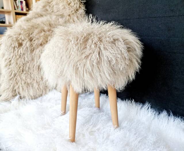 Sheepskin Fur Stool Handmade Wood Mongolian Lamb Bedroom - image 1