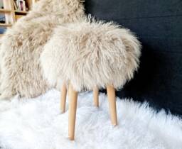 Sheepskin Fur Stool Handmade Wood Mongolian Lamb Bedroom