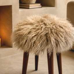 Sheepskin Fur Stool Handmade Wood Mongolian Lamb Bedroom - thumbnail 4