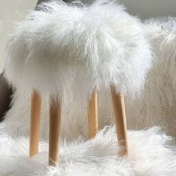 Sheepskin Fur Stool Handmade Wood Mongolian Lamb Bedroom - thumbnail 3