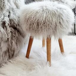Sheepskin Fur Stool Handmade Wood Mongolian Lamb Bedroom - thumbnail 2
