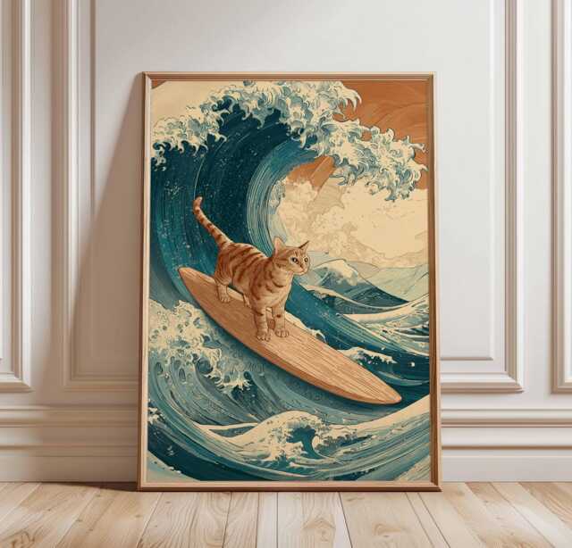Surfing Cat Poster, Funny Wall Art, Retro Wave Print, Surf Decor For Beach House, Cool On Surfboard Ocean Illustration - image 1