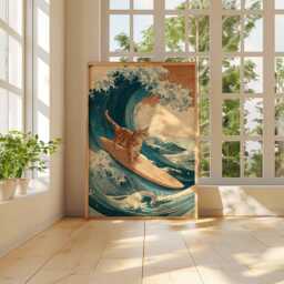 Surfing Cat Poster, Funny Wall Art, Retro Wave Print, Surf Decor For Beach House, Cool On Surfboard Ocean Illustration - thumbnail 3