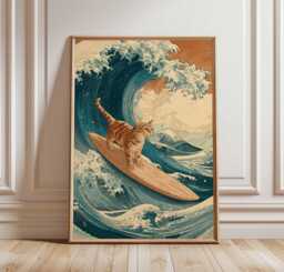 Surfing Cat Poster, Funny Wall Art, Retro Wave Print, Surf Decor For Beach House, Cool On Surfboard Ocean Illustration - thumbnail 1
