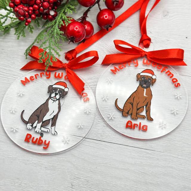 Personalised Boxer Dog Christmas Bauble, Clear Round Acrylic Tree Ornament With Red Ribbon - image 1