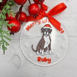 Personalised Boxer Dog Christmas Bauble, Clear Round Acrylic Tree Ornament With Red Ribbon - thumbnail 2
