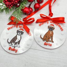 Personalised Boxer Dog Christmas Bauble, Clear Round Acrylic Tree Ornament With Red Ribbon - thumbnail 1