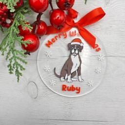 Personalised Boxer Dog Christmas Bauble, Clear Round Acrylic Tree Ornament With Red Ribbon - thumbnail 3