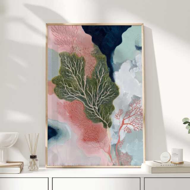 Abstract Organic Art Print, Coral Inspired Wall Art, Coastal Modern Decor, Pink & Navy Contemporary Painting For Living Room - image 1