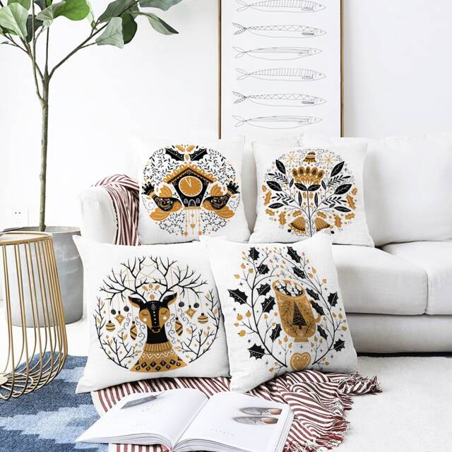 Brown & Black Christmas Cushion Covers With Reindeer, Birds & Flowers - Double Sided Printing On The Chenille Fabric Different Sizes - image 1