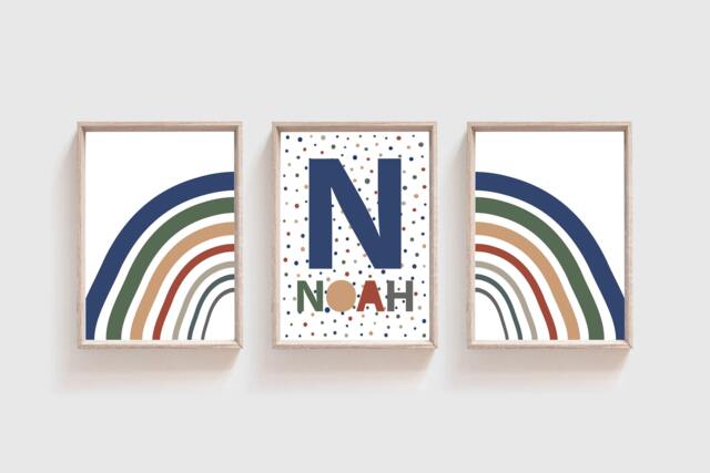 Set Of 3 Boys Nursery Prints, Bedroom Blue & Green Rainbow, Name Print, Playroom Decor, Wall Art, Baby Boy Gift - image 1