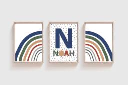 Set Of 3 Boys Nursery Prints, Bedroom Blue & Green Rainbow, Name Print, Playroom Decor, Wall Art, Baby Boy Gift - thumbnail 1