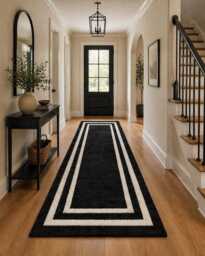 Handmade Oushak Runner Rug - Black Ivory Wool Hallway Carpet - thumbnail 1