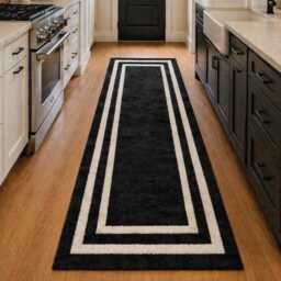 Handmade Oushak Runner Rug - Black Ivory Wool Hallway Carpet - thumbnail 2