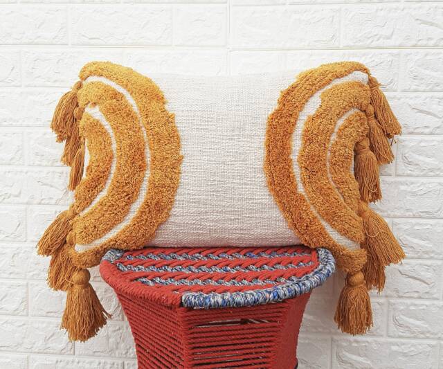 Boho Textured Lumber Pillow Case Ivory Off White & Mustard Yellow Tassel Cover Tufted Pillows 14x20 Cushion - image 1
