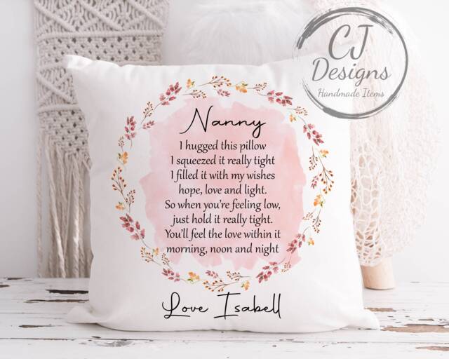 Personalised Nanny Hug Cushion - Autumn Peach Floral Design Printed White Super Soft- Hugs Quote- Grandma Granny-Nanna- Nannie - image 1