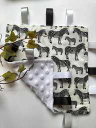 Zebra Print Taggy Blanket. Baby Taggy. Comforter. Handmade