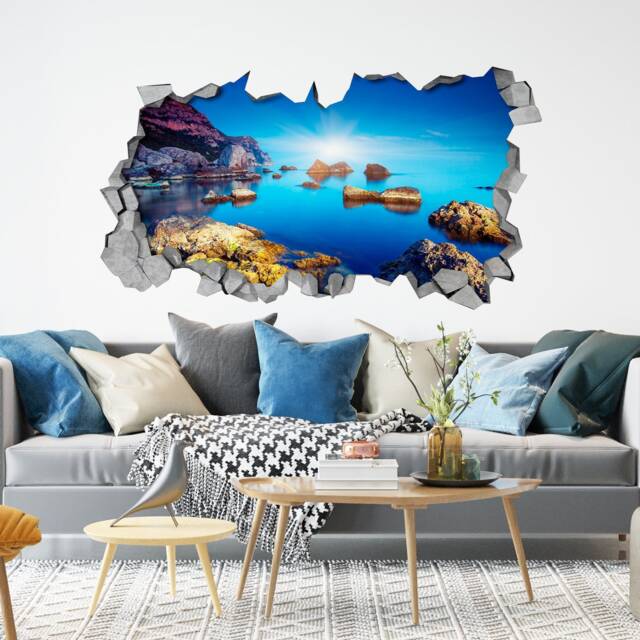 Rocky Sea - 3D Wall Art Broken Stickers Sticker Decal Wallpaper Wall Decals -Sku Sls3Dw - image 1