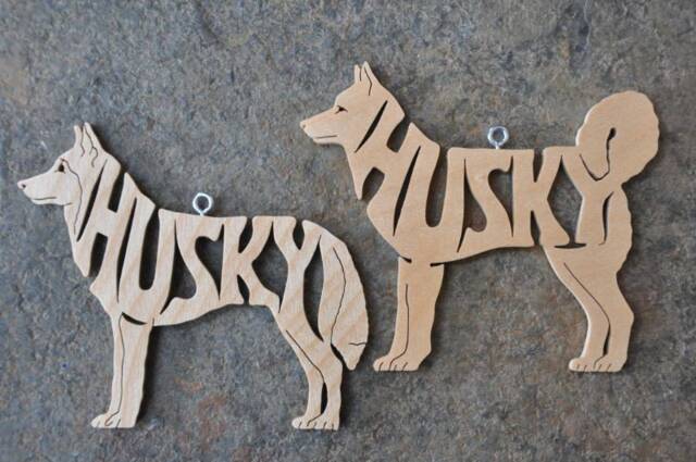 2 Siberian Husky Dog Ornaments Wooden Hand Cut Christmas Tree Decoration - image 1