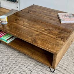 Handmade Reclaimed Wood Coffee Table - Rustic Industrial Square Scaffold Board Storage With Hairpin Legs - thumbnail 2