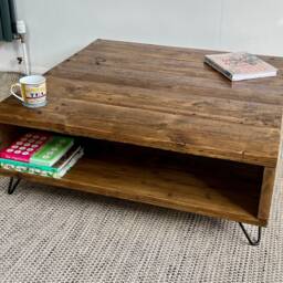 Handmade Reclaimed Wood Coffee Table - Rustic Industrial Square Scaffold Board Storage With Hairpin Legs - thumbnail 3