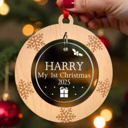 Baby's First Christmas Tree Decoration, Personalised 1st New Baby Girl Gifts, Boy With Red Bag - thumbnail 1