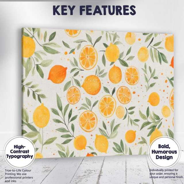 Watercolour Lemon & Orange Botanical Repeat Pattern Canvas Wall Art Print Decor Picture Ready To Hang - image 1