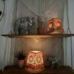 Hand-Painted Flower Design Lampshade Boho Tribal D??cor, Warm Cosy Ambient Lighting, Leather Table Lamp - thumbnail 2