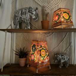 Hand-Painted Flower Design Lampshade Boho Tribal D??cor, Warm Cosy Ambient Lighting, Leather Table Lamp - thumbnail 3