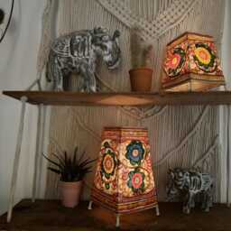 Hand-Painted Flower Design Lampshade Boho Tribal D??cor, Warm Cosy Ambient Lighting, Leather Table Lamp - thumbnail 4