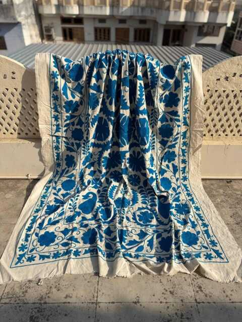 Cotton Suzani Hand-Embroidered Quilt, Heirloom-style Floral Embroidery, Handmade Ethnic Bedding Cover - image 1