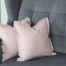 Blush Pink Linen Scalloped Edge Pillow Cover With White Detailing - 16x16'' Size - thumbnail 3