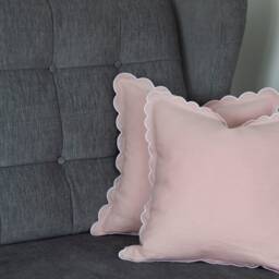 Blush Pink Linen Scalloped Edge Pillow Cover With White Detailing - 16x16'' Size - thumbnail 2