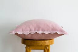 Blush Pink Linen Scalloped Edge Pillow Cover With White Detailing - 16x16'' Size - thumbnail 1