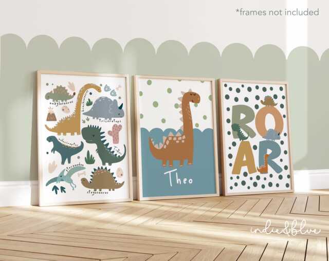 Set Of 3 Personalised Dinosaur Name Prints, Dino Chart & Initial Poster, Boy Bedroom Decor - image 1