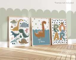 Set Of 3 Personalised Dinosaur Name Prints, Dino Chart & Initial Poster, Boy Bedroom Decor - thumbnail 1