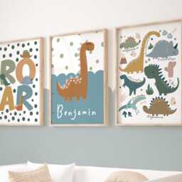 Set Of 3 Personalised Dinosaur Name Prints, Dino Chart & Initial Poster, Boy Bedroom Decor - thumbnail 2