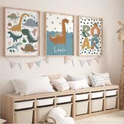 Set Of 3 Personalised Dinosaur Name Prints, Dino Chart & Initial Poster, Boy Bedroom Decor - thumbnail 3