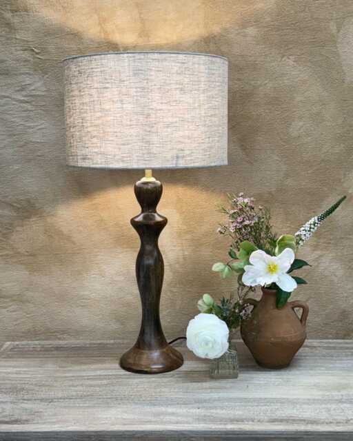 Handcrafted Mango Wood Table Lamp With Linen Shade - Polished Finish - image 1