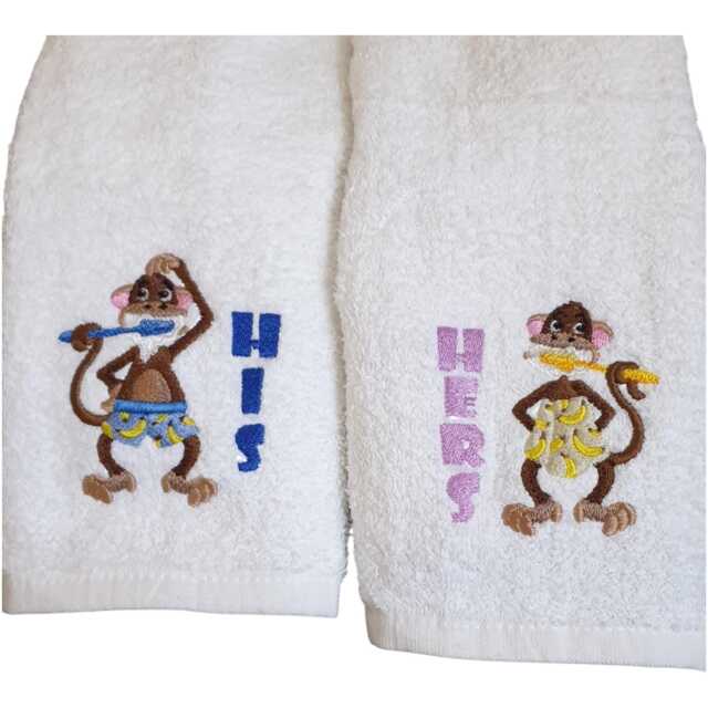 Embroidered His & Hers Monkey Hand Towels - image 1